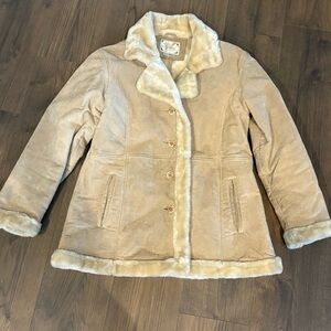 Women’s Tan Leather Jacket Size Medium With Faux Trim